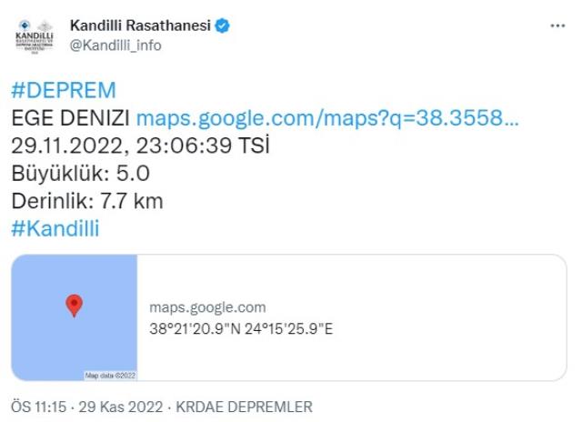 Eğriboz Adası'nda 5.0 büyüklüğünde deprem meydana geldi