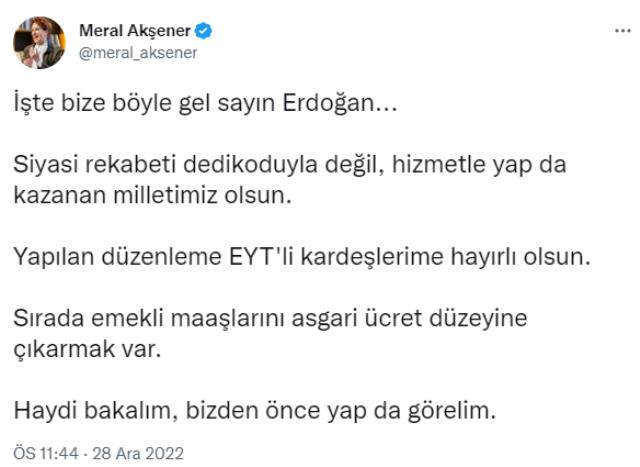 Akşener EYT müjdesi üzerinden Erdoğan'a seslendi: Bize böyle gel, sırada emekli maaşlarını asgari ücret düzeyine çıkarmak var