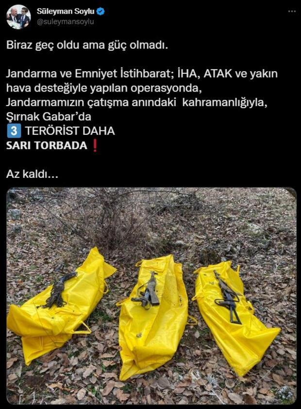 Bakan Soylu Şırnak'taki operasyonun detaylarını paylaştı: 3 PKK'lı daha sarı torbada