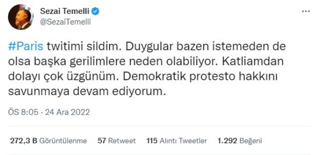 HDP'li milletvekili Sezai Temelli'ten skandal Paris paylaşımı! Apar topar silip özür diledi
