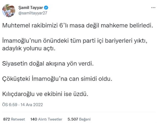 AK Partili Şamil Tayyar'dan İmamoğlu davasıyla ilgili çok konuşulacak paylaşım: Rakibimizi 6'lı masa değil mahkeme belirledi