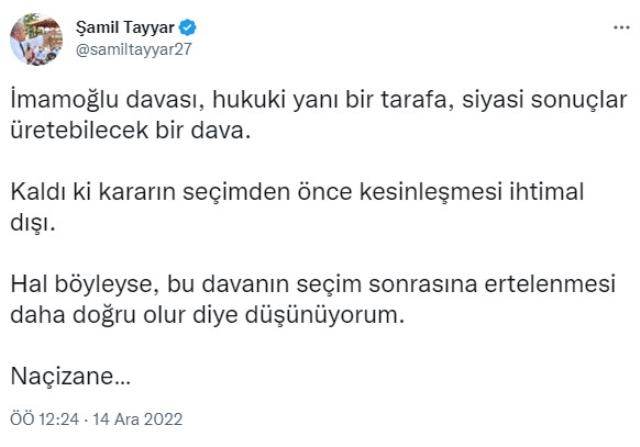 AK Partili Şamil Tayyar'dan İmamoğlu davasıyla ilgili çok konuşulacak paylaşım: Rakibimizi 6'lı masa değil mahkeme belirledi