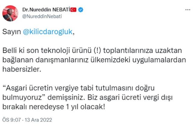Kılıçdaroğlu'nun asgari ücretin vergiye tabi tutulmaması çağrısına Bakan Nebati'den yanıt: Vergi dışı bırakalı neredeyse 1 yıl olacak