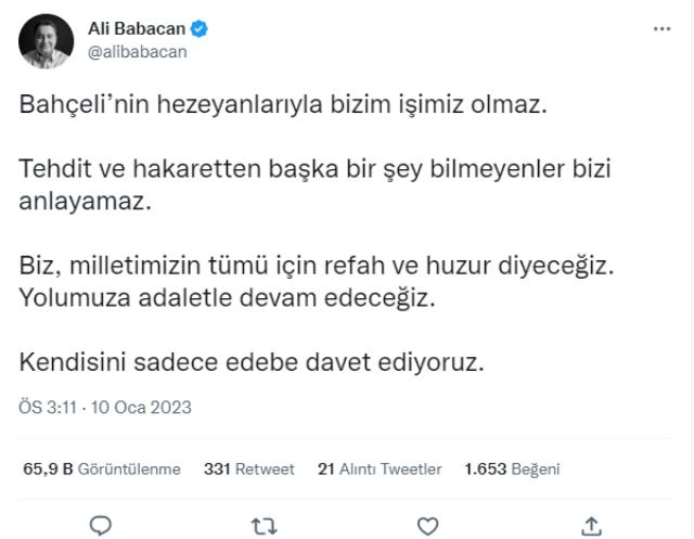 Ali Babacan Bahçeli'nin Türklük konusunda kendisi için sarf ettiği sözlere yanıt verdi: Kendisini sadece edebe davet ediyoruz