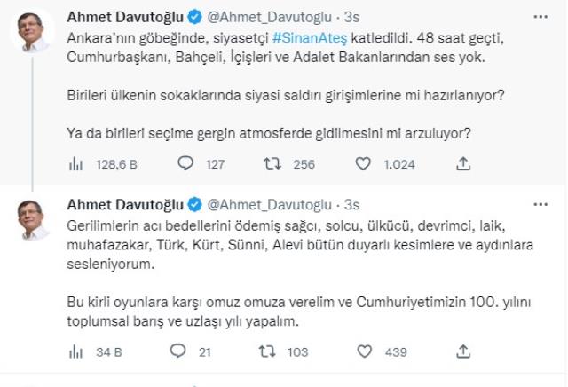 Davutoğlu'ndan AK Parti ve MHP'ye Sinan Ateş tepkisi: 48 saat geçti, hala ses yok