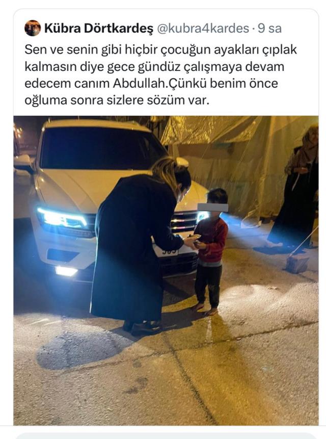 Deprem bölgesinde ayağı çıplak bir çocuğa kek veren AK Partili Kadın Kolları yöneticisi, tepkiler sonrası paylaşımını sildi