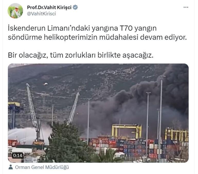 Bakan Kirişci: İskenderun Limanı'ndaki yangına, T70'in müdahalesi sürüyor