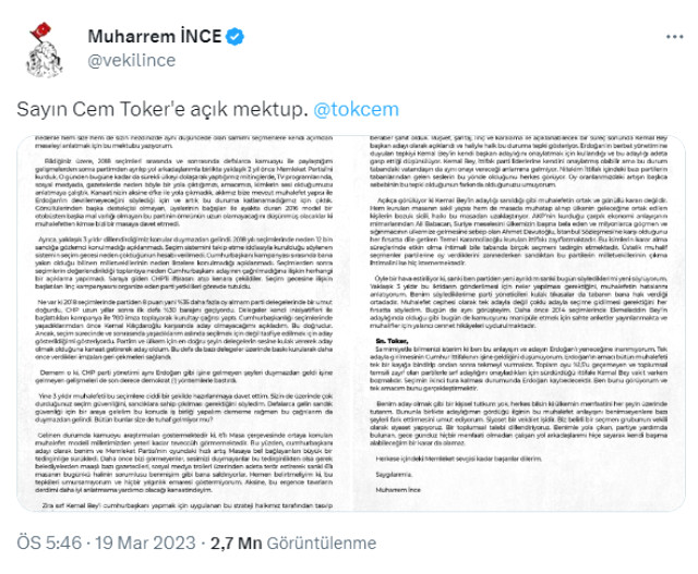 Muharrem İnce'den kendisine çağrı yapan Cem Toker'e yanıt: Ben bu anlayışın ve adayın Erdoğan'ı yeneceğine inanmıyorum