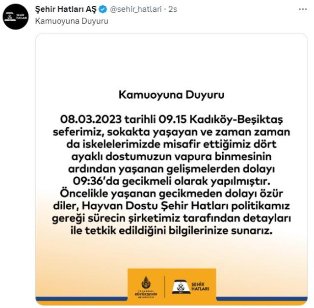 Köpek nedeniyle karışan Kadıköy-Beşiktaş vapuruyla ilgili Şehir Hatları'ndan açıklama: Sefer gecikmeli olarak yapıldı