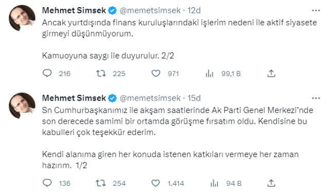 Erdoğan'la görüşen Mehmet Şimşek, sessizliğini bozdu: Yurt dışındaki işlerim nedeniyle aktif siyasete girmeyi düşünmüyorum