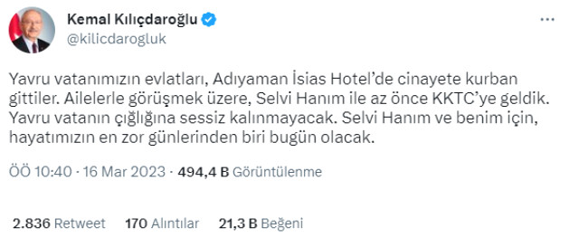 Kılıçdaroğlu, Adıyaman'da depremde can veren KKTC'li öğrencilerin ailelerini ziyaret edecek: Hayatımızın en zor günlerinden biri olacak