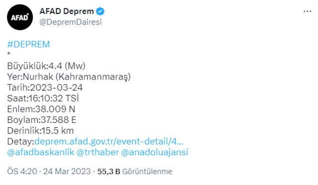 Kahramanmaraş'ta 4.4 büyüklüğünde deprem meydana geldi