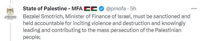 Filistin Dışişleri, İsrail Maliye Bakanına yaptırım uygulamaya çağırdı
