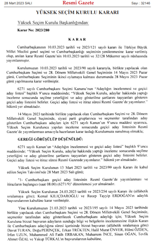 Türkiye, seçime 4 adayla gidiyor! Liste Resmi Gazete'de yayınlandı