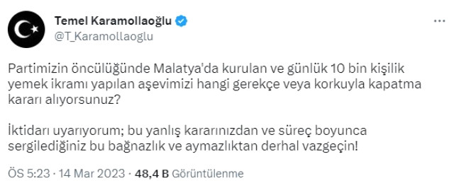 Malatya Valiliği, Saadet Partisi'nin depremzedeler için kurduğu aşevinin kaldırılmasını istedi