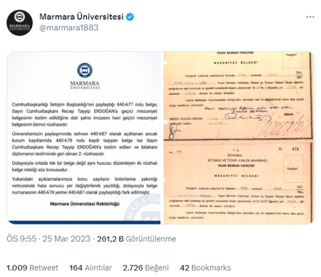 Marmara Üniversitesi'nden Cumhurbaşkanı Erdoğan'ın diplomasıyla ilgili yeni paylaşım: Hata sonucu yer değiştirilerek yazıldı