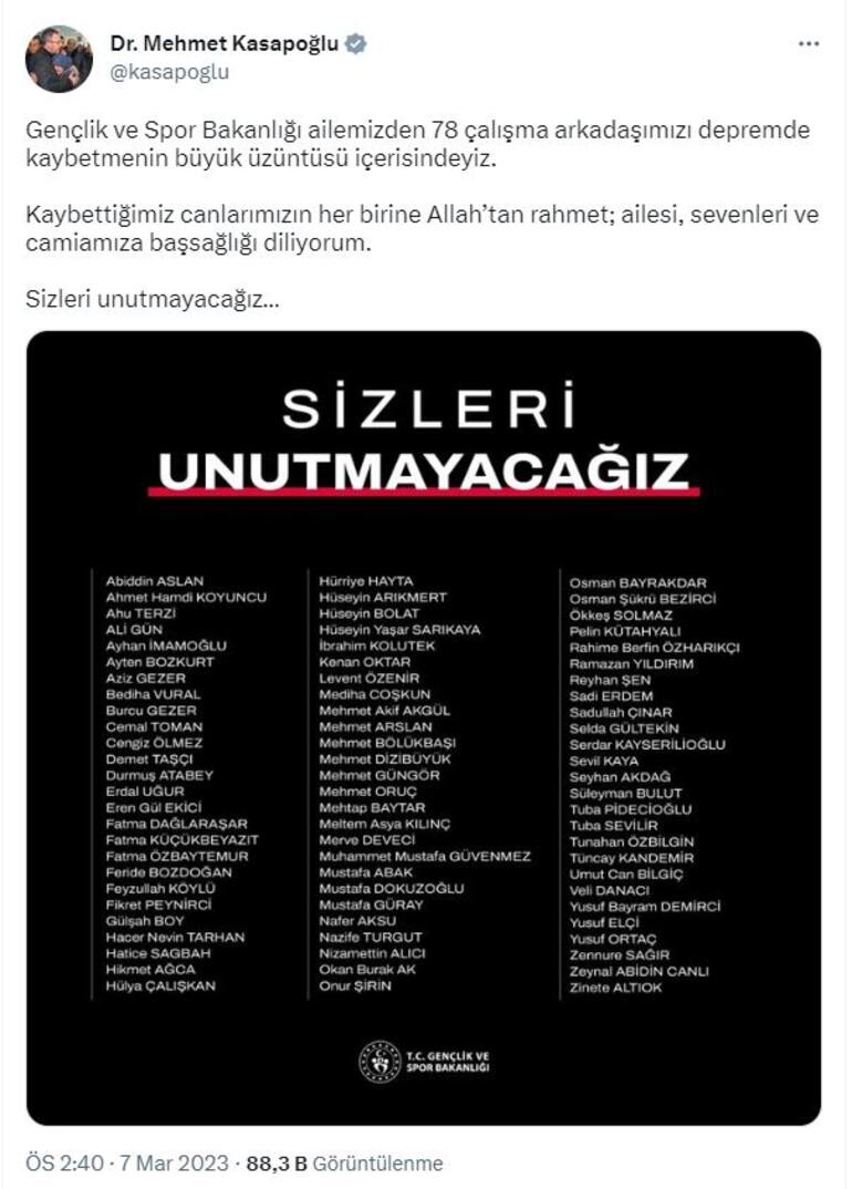Bakan Kasapoğlu'ndan, depremde ölen 78 bakanlık personeli için taziye mesajı