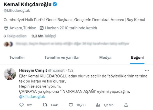 Kemal Kılıçdaroğlu'nun beğendiği tweet gündem oldu: 'İn oradan aşağı' eylemi yapacağım