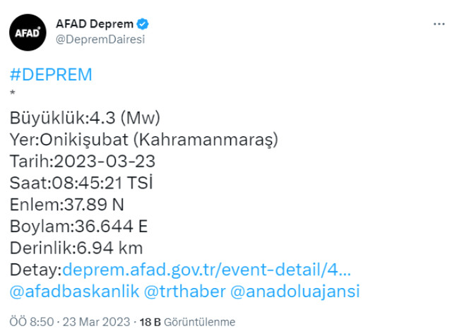 Kahramanmaraş'ın Onikişubat ilçesinde 4.3 büyüklüğünde deprem