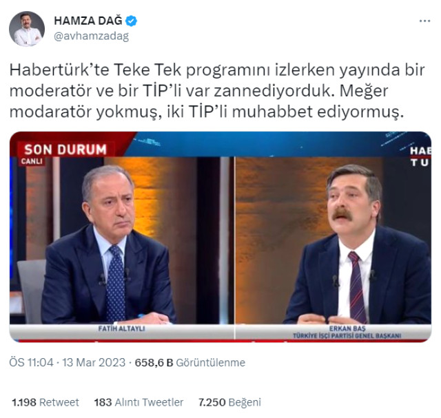 AK Partili Hamza Dağ, Erkan Baş'ın konuk olduğu televizyon programına tepki gösterdi