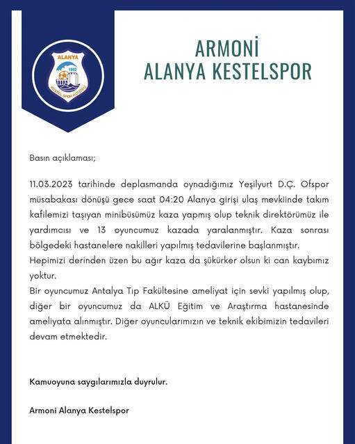 Alanya Kestelspor kafilesi kaza yaptı: 15 yaralı