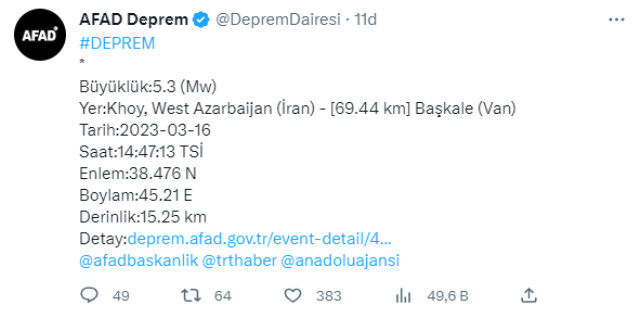 Son Dakika! İran-Türkiye sınırında 5.3 büyüklüğünde bir deprem meydana geldi