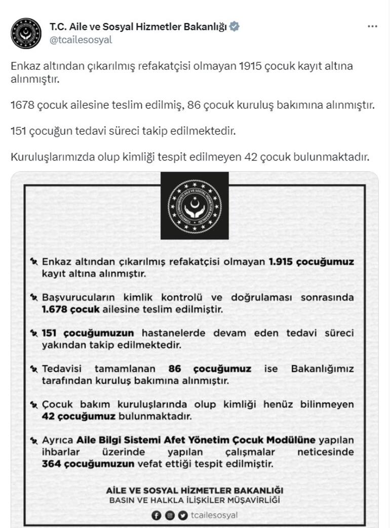 Bakanlık: Enkazdan çıkarılan 1678 çocuk ailesine teslim edildi