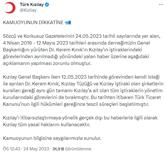 Kızılay: Kerem Kınık genel başkanlıktan istifa ettiği gün iştiraklerin yönetim kurullarındaki görevlerini de bıraktı