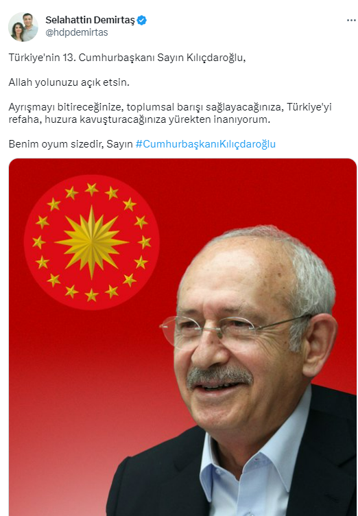 Selahattin Demirtaş, Cumhurbaşkanı seçimlerinde Kılıçdaroğlu'na oy vereceğini açıkladı