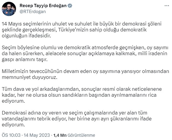 Oy sayımı devam ederken Cumhurbaşkanı Erdoğan'dan paylaşım: Sandıkların başından ayrılmayın