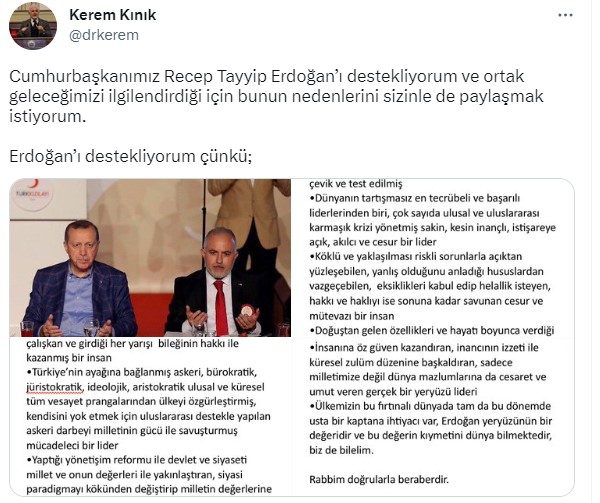 Kızılay'dan istifa eden Kerem Kınık'tan Cumhurbaşkanı Erdoğan'a destek paylaşımı! Nedenlerini tek tek sıraladı