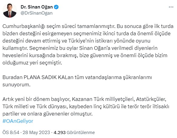Seçim sonuçlarının ardından Sinan Oğan'dan ilk açıklama: Plana sadık kalanlara şükranlarımı sunuyorum