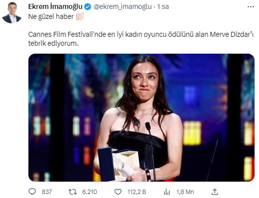 Cannes'da En İyi Kadın Oyuncu Ödülünü alan Merve Dizdar'a ünlüler ve siyasetçilerden tebrik yağdı