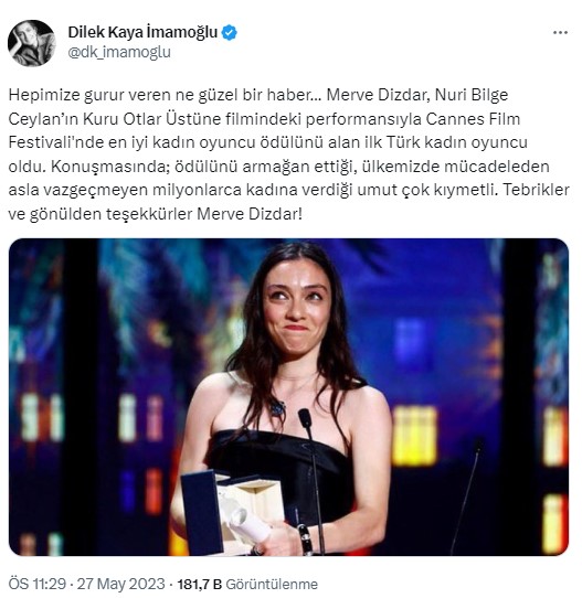 Cannes'da En İyi Kadın Oyuncu Ödülünü alan Merve Dizdar'a ünlüler ve siyasetçilerden tebrik yağdı