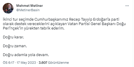 Doğu Perinçek 2. tur seçimlerinde tarafını seçti: Halkımızı Sayın Recep Tayyip Erdoğan'a oy vermeye çağırıyoruz