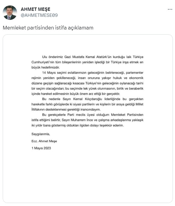 Memleket Partisi Meclis Üyesi Ahmet Meşe, Kılıçdaroğlu'nu destekleyeceğini söyleyip istifa etti: Seçimlerde tek yürek olunmalı