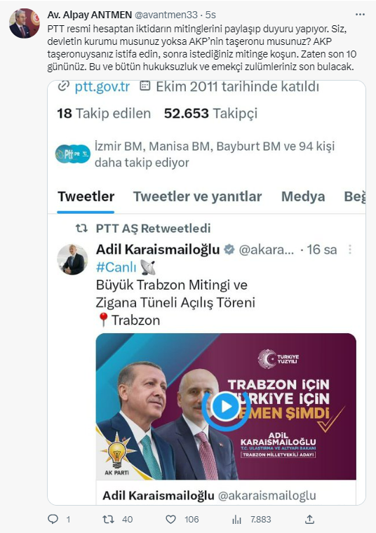 PTT'nin resmi hesabından AK Parti mitingi paylaşılmasına CHP'li Antmen'den tepki: Devlet kurumu musunuz yoksa AKP taşeronu mu?