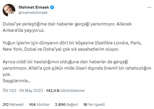 Mehmet Şimşek'ten iddialara yanıt: Ciddi bir hastalığım yok, Dubai'ye yerleştiğim haberleri gerçeği yansıtmıyor