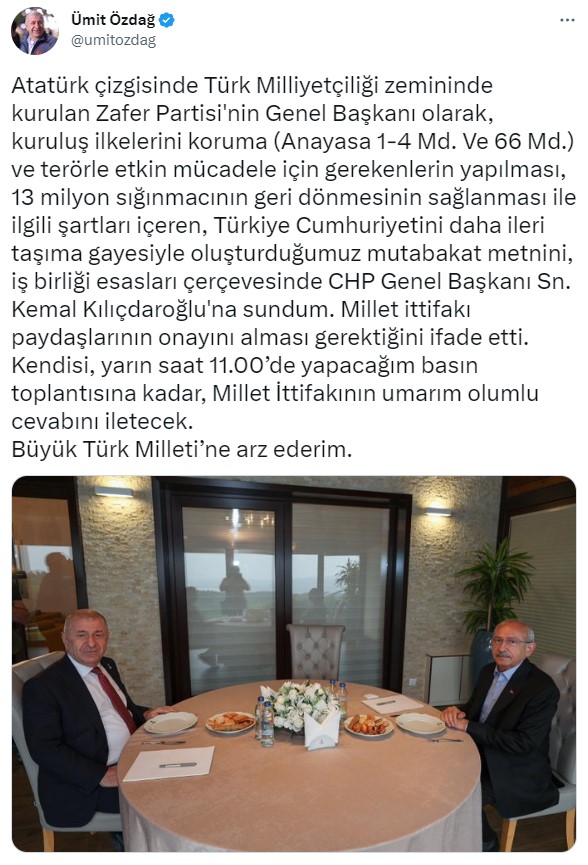 Kılıçdaroğlu ile görüşen Ümit Özdağ'dan açıklama geldi: Mutabakat metnini sundum, umarım olumlu cevabını iletecek