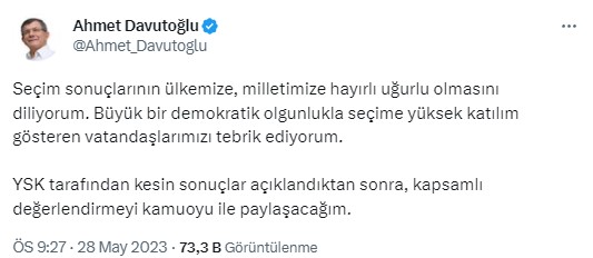 Seçimleri Erdoğan'ın kazanmasının ardından Davutoğlu'ndan ilk sözler: Sonuçların ülkemize hayırlı uğurlu olmasını diliyorum