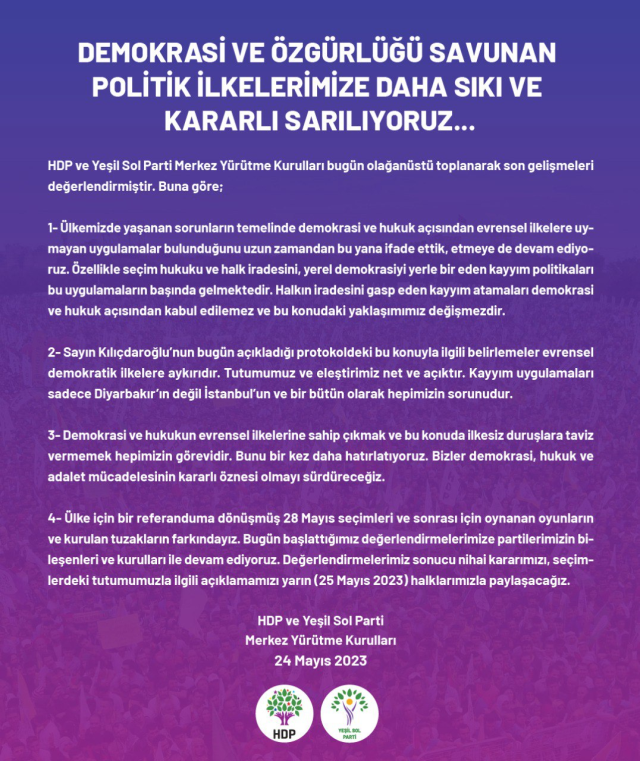 HDP ve Yeşil Sol Parti'den yeni açıklama: Seçimlerdeki tutumumuzla ilgili açıklamamızı yarın paylaşacağız