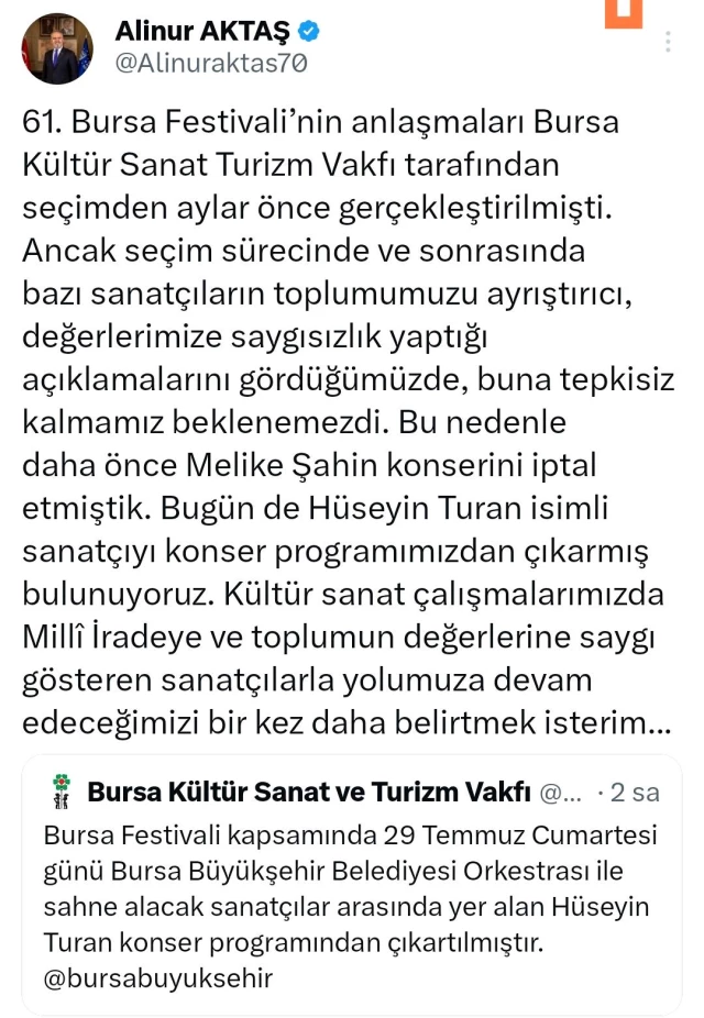Seçim öncesi yaptığı paylaşımla tepki çeken Hüseyin Turan'ın konseri iptal edildi
