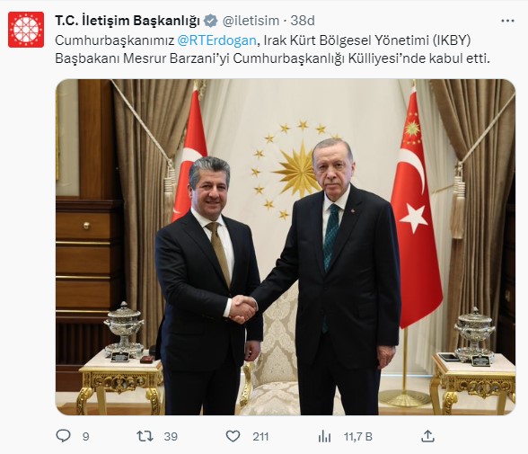 Cumhurbaşkanı Erdoğan, IKBY Başbakanı Mesrur Barzani'yi kabul etti
