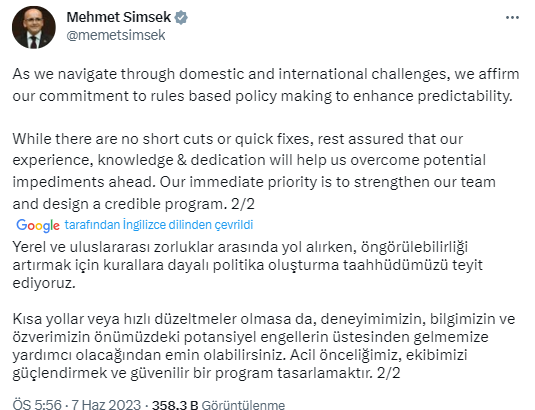 Mehmet Şimşek'ten bakanlık sonrası ilk paylaşım: Acil önceliğimiz, ekibimizi güçlendirmek ve güvenilir bir program tasarlamaktır