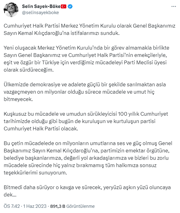 İstifa eden MYK üyelerinden Selin Sayek Böke: Sayın Kılıçdaroğlu'na sonsuz teşekkürlerimi sunuyorum