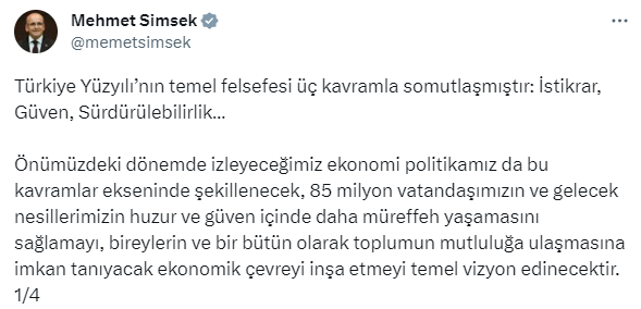 Hazine ve Maliye Bakanı Mehmet Şimşek'ten Merkez'in faiz kararına ilişkin ilk değerlendirme