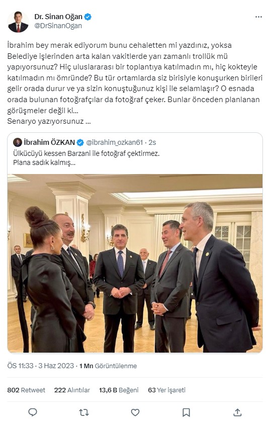 Sinan Oğan'dan İYİ Partili İbrahim Özkan'a 'Barzani' yanıtı: Belediyeden arta kalan zamanda trollük mü yapıyorsunuz?