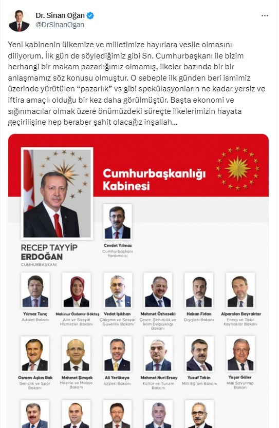 Yeni Kabine'nin açıklanmasının ardından Sinan Oğan'dan dikkat çeken paylaşım: 'Pazarlık' spekülasyonlarının iftira olduğu görülmüştür