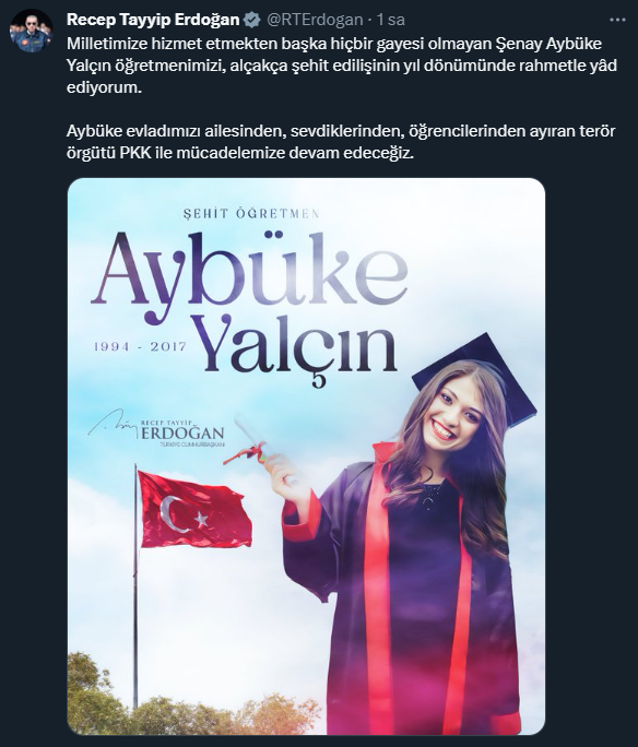 Cumhurbaşkanı Erdoğan, şehit öğretmen Aybüke Yalçın'ı andı! Devamında terör örgütüne yönelik sert bir mesajı var