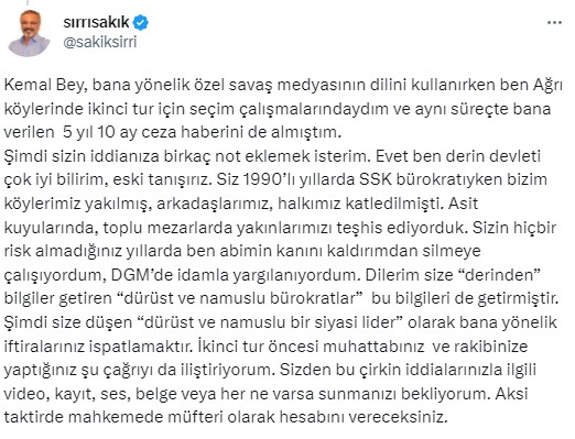 Sakık'tan seçim sürecinde kendisini hedef alan Kılıçdaroğlu'na yanıt: İspatlamazsanız mahkemede hesabını vereceksiniz